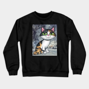 Cute Calico Kitty on grayish winter evening scene Crewneck Sweatshirt